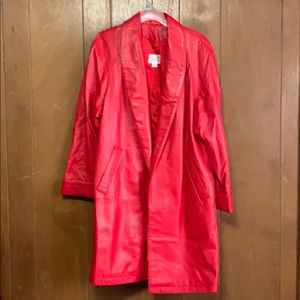 Very 80’s Red leather coat and mini skirt